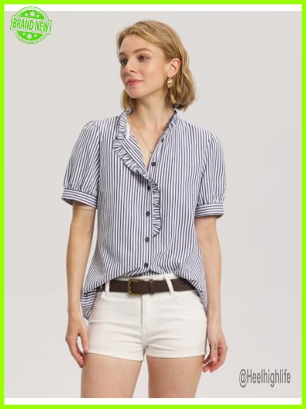 Puff Short Sleeve Ruffle Button Down Shirt for Women Office Work Blouse - Picture 4 of 6